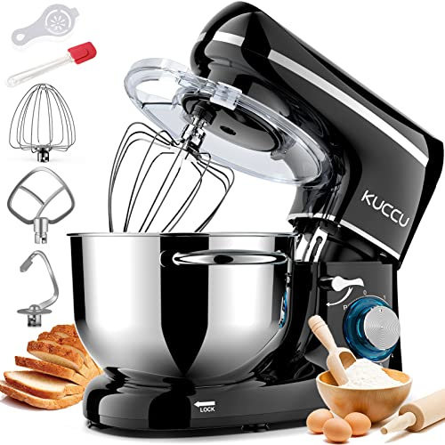 KUCCU Küchenmaschine 1500W Knetmaschine mit 7L Edelstahl-Schüssel Doppelgriffen, Rührmaschine Teigmaschine mit 6+P Geschwindigkeiten, inkl. Knethaken Schneebesen Rührhaken, Küchenmixer-Schwarz