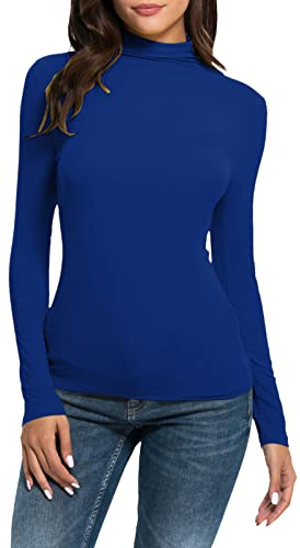 Långärmad polotröja dam | toppar dam elegant | T-tröja sport tajt lång tröja stretch blusskjorta slim fit sweatshirt enfärgad lång blus polotröja skjortblus casual långärmade toppar, blå, S