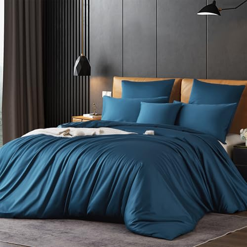 Gezu Housse de Couette Coton 240x260cm Satin de Coton Bleu Canard 100% Coton Soie Soyeux Brillant Parure de Lit Coton à Longues Fibres Linge de Lit avec Fermeture Éclair et 2 Taies d'oreiller 65x65cm