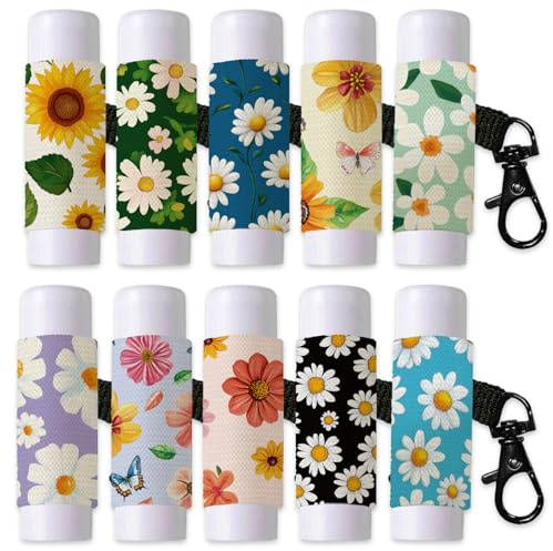 DELORIGIN Lot de 10 supports élastiques pour baume à lèvres motif marguerites, fleurs, tournesols, papillons, rouge à lèvres avec fermoir en métal, pour baume à lèvres