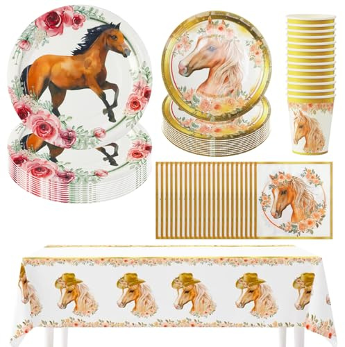 Hmfmdy Pferd Partygeschirr Set, 51Stück Cowboy Rodeo Party Deko, Pferd Geburtstag Geschirr Kit Mit Pappteller Becher Servietten Tischdecke, Kindergeburtstag Deko, Geburtstag Party Geschirr Supplies