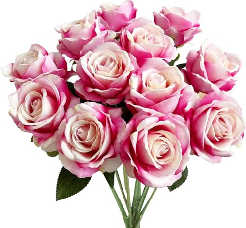 GIUSOBG Künstliche Rosen 12 Stück künstliche Blumen Pink 51×7cm Rosa Rosen | Künstliche Blumen Rosen Künstliche Blumen Realistische Einzelstielblumen für Hochzeitsfeier, Valentinstag (Rosa)