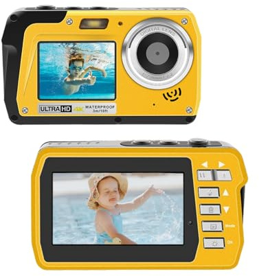 4K Underwater Camera, Full HD 4K&48MP Compact, 10FT Waterproof Camera for Snorkeling, Surfing, Rafting, Dual-Screen for Selfie/16X Digital Zoom/Fill Light/Support 128GB （Yellow）