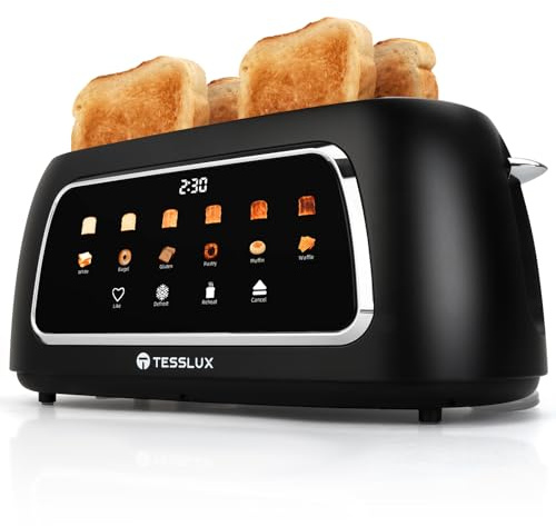 Tesslux 4 Slice Toaster with Touch Screen Control, 1.5 Wide Long Slots, 6 Browning Levels & 6 Bread Types, Digital Timer, Memory, Defrost, Reheat (Black, 4)