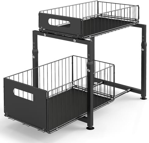 YORKING 2-Tier Under Sink Organiser with Pull-Out Drawers | Adjustable Metal Shelves for Kitchen & Bathroom Storage | Heavy Duty Black Steel Cabinet | Space Saving Design | Easy Assembly