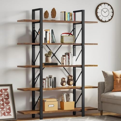 DWVO 5 Tier Bookshelf, 70.9 H Tall Bookcase Industrial Book Shelf Vintage Storage Organizer, Free Standing Storage Shelving Unit for Living Room, Bedroom, Home Office, Rustic Brown