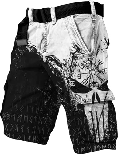 XuanXmy Pantalons Cargo Tactiques Imprimés pour Hommes Viking, Dessiné Rétro, à Plusieurs Poches, Shorts Amples (sans Ceinture) XL