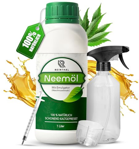 REINTHAL Neemöl mit Emulgator 1000 ml - inkl. Hochwertigem 3-teiligen Zubehör, Natürliche Pflanzenpflege – Ergibt 120 L sprühfertiges Neem-Öl Spray, Niemöl für Garten & Zimmerpflanzen (1000 ML)