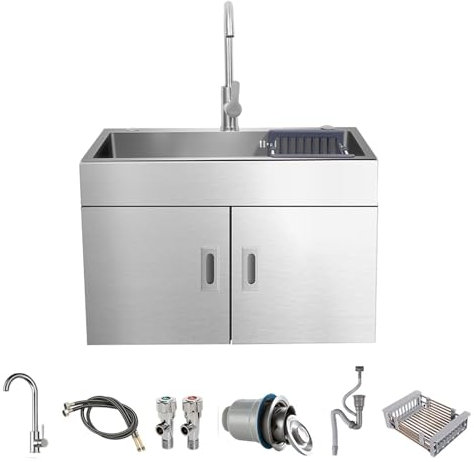 Évier Utilitaire Mural en Acier Inoxydable, Commercial Autoportant Évier avec Meuble, Robinet D'eau Froide et Chaude, Lave-mains avec Kit de Vidange et Panier de Vidange(69x46x45cm/27x18x17.5)