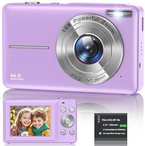 Digital Camera 1080P, 44MP FHD Compact Digital Camera, 16X Digital Zoom Portable Photo Camera with 2.4 LCD Screen, 1 Battery, Vlogging Camera for Kids, Beginners, Teens, Students-Purple (No SD Card)