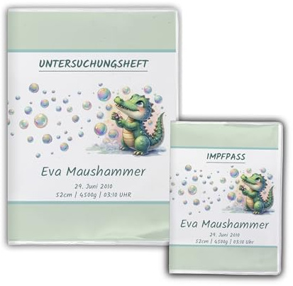 Personalisierte U-Heft Hülle & Impfpasshülle, U-Heft Set 2-teilig, Krokodil | Mit Name & Geburtsdaten, Geschenk zur Geburt