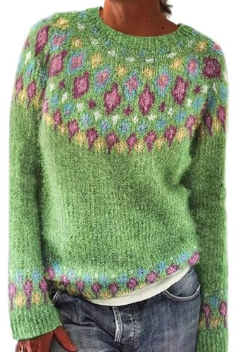 Norweger Pullover Damen Bunte Kaschmir Cashmere Pullover Vintage Geometrische Plaid Sweater Langarm Loose Rundhals Strickpullover Casual Sweatshirt Pulli Elegant Jumper Oberteile Oversize