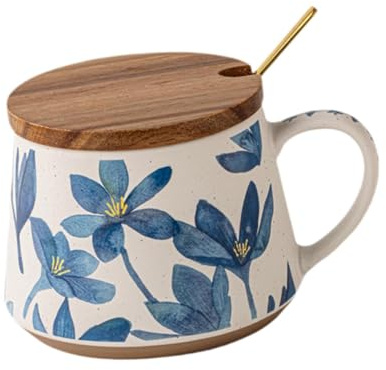 predolo Taza de Café con Diseño Floral Elegante, Taza con Flores Azules, Regalo de Cumpleaños, Taza de Café Y Té de Cerámica para Adultos, Hermana, con Cuchara con Tapa, Individual