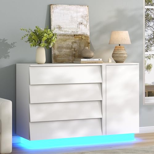 Gyfimoie 4-Schubladen-Kommode für das Schlafzimmer, schwebende weiße Kommode mit LED-Beleuchtung und Steckdose, Moderne Kommoden mit Tür für den Kleiderschrank, Schubladenorganizer-Schrank