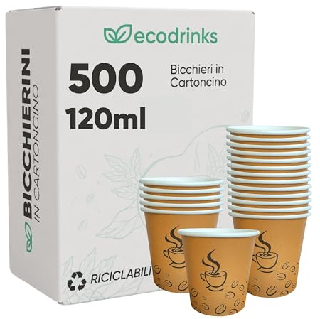 ecodrinks 500 Bicchieri di Carta da 120ml, Colore Avana e Grafica Caffè - Rivestimento Interno Impermeabile, Perfetti per Bevande Calde - Biodegradabile, Look Professionale - Per Bar, Ufficio, Eventi