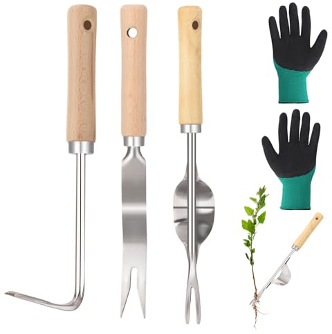 Vyuwast 3 PCS Stainless Steel Hand Weeder Tool Set, Manual Weeding Tools with Long Handle Dandelion Remover with Gloves for Garden Weeding Transplanting Soil Loosening