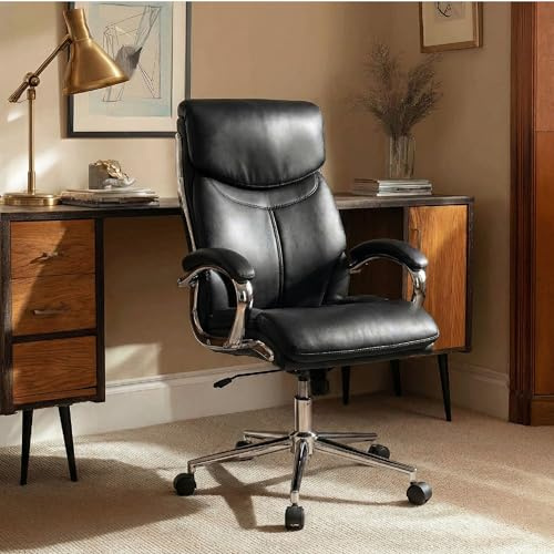 COLAMY Marcus Executive PU Leather Office Chair, High-Back Home Desk Chair Padded Seat & Back, Smooth-Rolling Casters – Luxury Ergonomic Desk Chair for Professional Workspaces (Black)