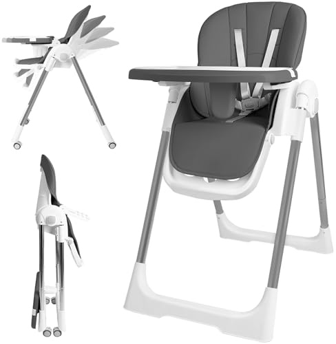WoRaum Baby Hochstuhl Klappbarer,4-in-1 Klapphochstuhl,Höhenverstellbar Kinder Essstuhl,Babystuhl mit abnehmbarem Tablett,Rollen & 5-Punkt-Gurt,Kinderhochstuhl Mitwachsender (Grau)