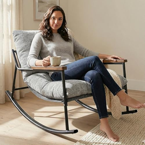 Allyson® Schaukelstuhl & Stillsessel, Cord-Stoff, bis 150 kg, Grau | Geräuschloses Wippen ohne Knarren, hohe Armlehnen entlasten beim Stillen, Schutzstreifen schonen Boden & dämpfen Geräusche