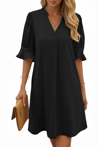 Cicy Bell Abito Estivo da Donna, Elegante, a Mezza Manica, con Scollo a V, per Il Tempo Libero, Tinta Unita, Casual, a Linee A, Abito Corto, Nero, XL