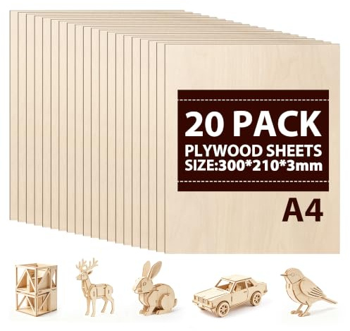 20 Pack Plywood Sheets, 300 x 210 x 3mm Plywood Sheets with Smooth Surfaces-Unfinished Wood Boards for Laser Cutting, Wood Burning, Architectural Models, Staining