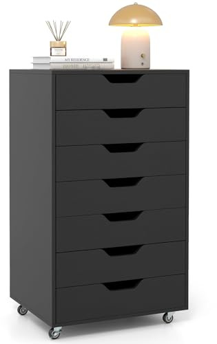 COSTWAY Rollcontainer mit 7 Schubladen, mobiler Aktenschrank mit Rädern, Bürocontainer Schubladenschrank Rollschrank Rollwagen, Schubladenkommode für Zuhause Büro (Schwarz,7 Schubladen)
