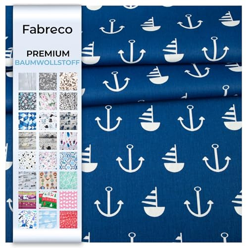 Fabreco - 100% Premium Baumwollstoff Meterware 100x160cm - Maritim Anker Segelboot Blau | 220 g/lfm – Weich, langlebig & hautfreundlich | Stoffe Zum Nähen & Dekoration | Stoff Meterware - Fabric