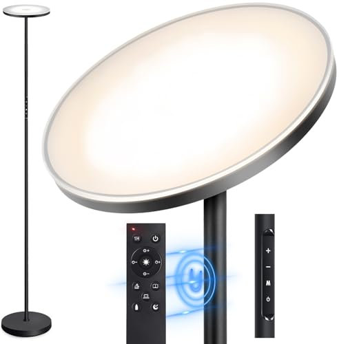OUTON Lampada da Terra LED, 30W/3000LM 126 LED Lampada da Pavimento Moderna, 3000K-6500K Dimmerabile con Controllo Remoto e Tocco, Timer 1H, Piantane da Salotto Ideale per Soggiorno Ufficio(Nero Cool)