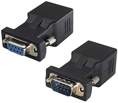 AAOTOKK DB9 a RJ45 Extender DB9 Porta Seriale a 9 Pin Femmina&Maschio a RJ45 CAT5/6 Adattatore Rete LAN per Video Multimediale e Prolunga Distanza Trasmissione Adattatore Dispositivi DB9(2Pezzi)