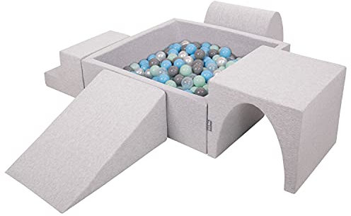 KiddyMoon Spielplatz Aus Schaumstoff Mit Quadrat Bällebad (300 Bälle) Ballgruben Für Babys Spielbad Hindernisläufen, Hergestellt In Der EU, Hellgrau:Perle/Grau/Transparent/Babyblue/Minze