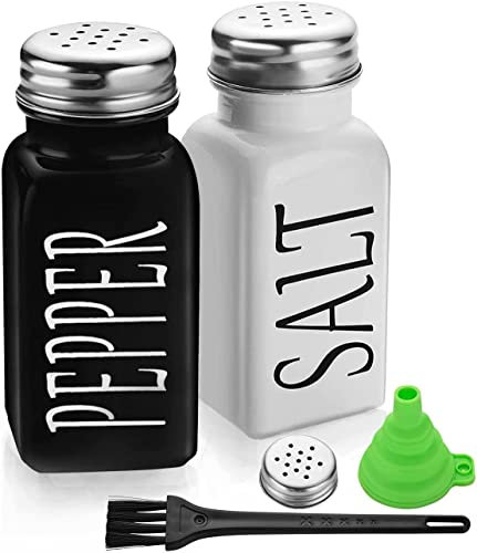 Farmhouse - Set di sale e pepe, in vetro vintage, con coperchio in acciaio inox, per cucina in bianco e nero