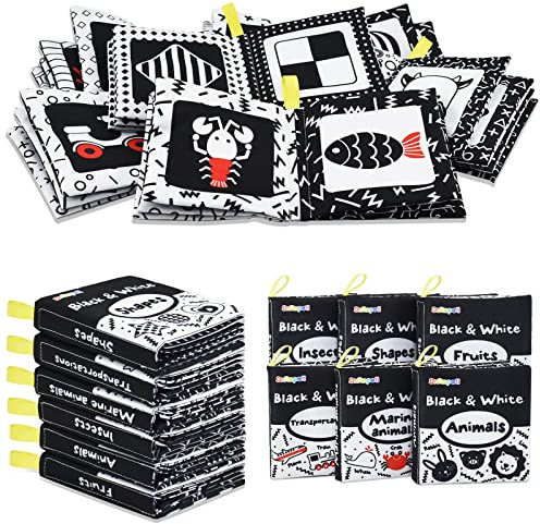 Dr.Rapeti 6 Stück Stoffbuch für Babys, Schwarz Weiß Kontrast Stoffbuch, Soft Babybücher, Hohe Kontraste Stoffbücher, Babyspielzeug Weiches Buch(Englisch)