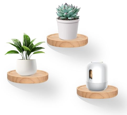 Tuzsocr Wandregal Rund Holz Eiche, 3er Set, für Pflanzen und Vasen | Schwebende Optik an der Wand, ideal für Pflanzen, Vasen oder kleine Deko im Wohnzimmer