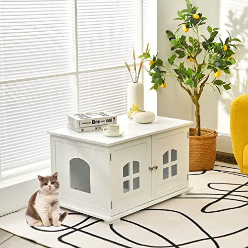 RELAX4LIFE Casetta per Gatti in Legno, Mobiletto Lettiera per Gatti con Doppia Porta e Finestra Trasversale, Armadietto per Animali Domestici (Bianco)
