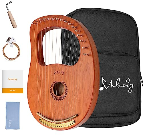 Lyre Harp Mulucky 16 Metal Steel String Bone Saddle Mahogany Lyre Instrument with Tuning Wrench and Black Gig Bag - MLH1601