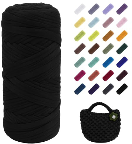 Uiopa T-Shirt Garn, 200g Bändchengarn zum Stricken und Häkeln, Dickes Ribbon Garn Crochet Yarn für Häkeltaschen/Körbe/Teppiche, Heimdekoration, DIY-Kunsthandwerk (Schwarz)