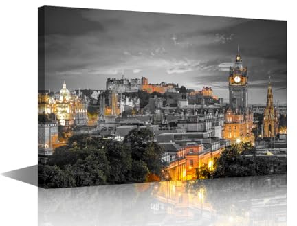 Edinburgh Uk Wall Painting Aerial View from Calton Hill Pictures for Bedroom England Wall Decor 1 Panel Balck and White Wall Art Contemporary Artwork Wooden Framed Ready to Hang (16''Wx 24''H)