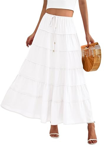 MASCOMODA Jupe longue d'été maxi pour femmes 2024, jupe fluide boho décontractée taille haute à volants, coupe A avec poches pour la plage, blanc, Taille XL