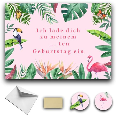 RXLITE unseren Premium elegant-Kreativset doppelseitig mit 10 Tropical Einladungskarten zum Geburtstag auf Deutsch: 10 Karten, 10 weiße briefumschlagen, 10 Sticker und 10 goldene Aufkleber.