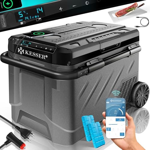 KESSER® Kompressor Kühlbox elektrisch 41 Liter |Camping Gefrierbox mit LED-Touch| Mit APP-Steuerung & Kühlakkus USB-Anschluss 12/24 V 230V| Kühlschrank Kühlung bis -20°C für Auto Lkw Anthrazit Schwarz