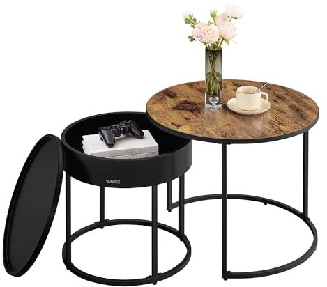 VASAGLE Couchtisch rund, 2er Set, Beistelltisch, Satztisch, modern, versteckter Stauraum, Tablett, für Wohnzimmer, Schlafzimmer, Balkon, vintagebraun-tintenschwarz LCT044K01