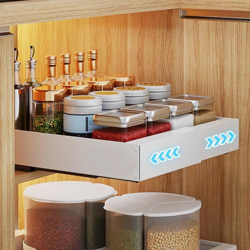 Uixxducc Teleskopschublade, Verstellbare Breite 30-46cm Ausziehbarer Schrank-Organizer, Pull Out Cabinet Organizer, Multifunktional Auszug Küchenschrank Küche Organizer Schrank (Weiß,Groß 53cm)