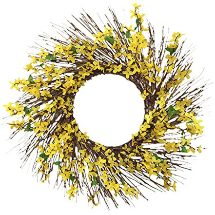 Xnferty Künstlicher Forsythien-Blumenkranz, 54 cm, Vordertür, Künstliche Seide, Gelbe Forsythien-Blumen, Frühlings- und Sommerblumen-Türkranz mit Eukalyptusblättern für Hochzeit, Wand,(#1)