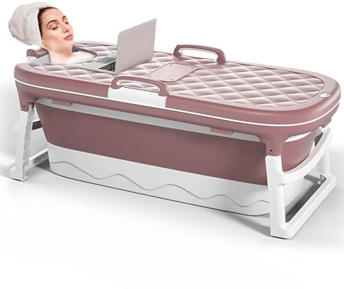 Warmiehomy Grande baignoire pliable portable, baignoire épaisse avec massage et vapeur, sauna à la maison pour adultes et enfants, rose
