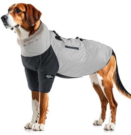 TOPSOSO Chaqueta de Invierno para Perros Impermeable Viento Forro Polar Chaqueta para Mascotas Cremalleras Reflectante Bolsillo Cordón Elástico Chaqueta de Abrigo de Perro con Hebilla en D(Gris XXL)