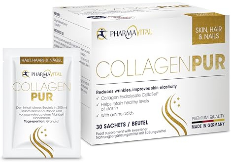 PharmaVital CollagenPur - Collagen Sachets - 30 Stück - CollaSel® Kollagen Hydrolysat - Peptide Typ 1 und 3 - Natürlicher Geschmack & Perfekte löslichkeit - Produziert in Deutschland