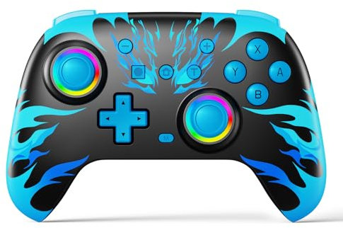 Reddening Manette Sans Fil Compatibilité avec Switch/OLED/PC/Adroid/iOS, Manette Pro Controller avec Blue Flame Design avec Hall Joysticks/RGB/Bouton programmable/Turbo Vibration