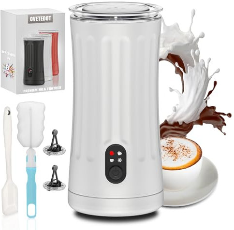 Ovetedot Montalatte Elettrico, Automatico 4 in 1 Cappuccinatore Elettrico, Schiuma di Latte Calda e Fredda, Montalatte Silenzioso per Caffè, Cappuccino, Macchiato, Cioccolata Calda, Bianco