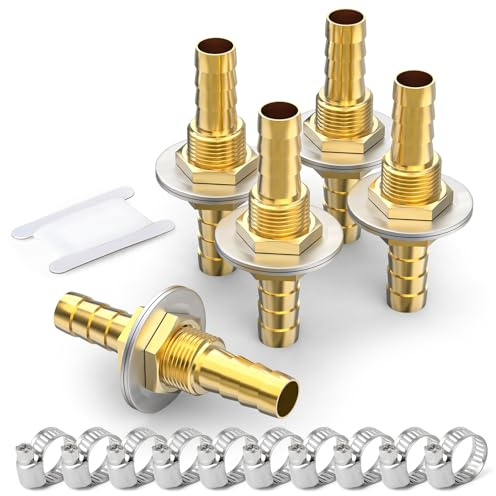 GASHER 5PCS 10mm Brass Bulkhead Fitting with 10 Hose Clamps | Straight Hex Union Thru-Panel Adapter for Securely Connecting Hoses in Tight Spaces