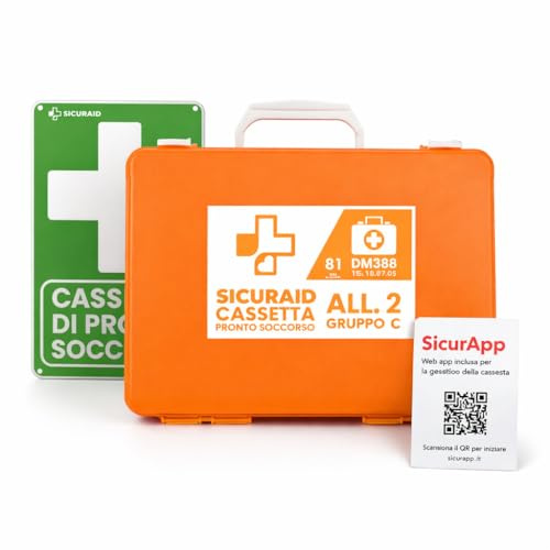 SICURAID Trousse de premiers secours, 2 compartiments, avec panneau d'avertissement – Trousse de premiers secours d'entreprise conforme au DM 388/2003, pour activités jusqu'à 2 services. Mallette